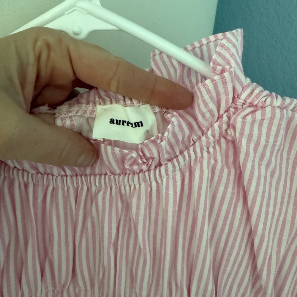 AUREUM Pink White Striped Eyelet Sleeve Tiered Dress - Picture 7 of 12